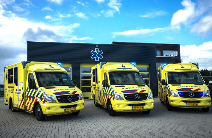 A picture of three ambulances.